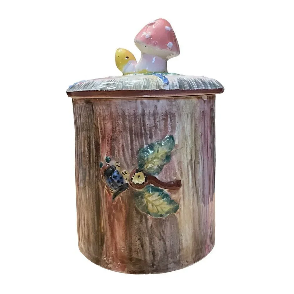 Vintage Cookie House Lovebirds Mushroom Ceramic Cookie Jar Italy
